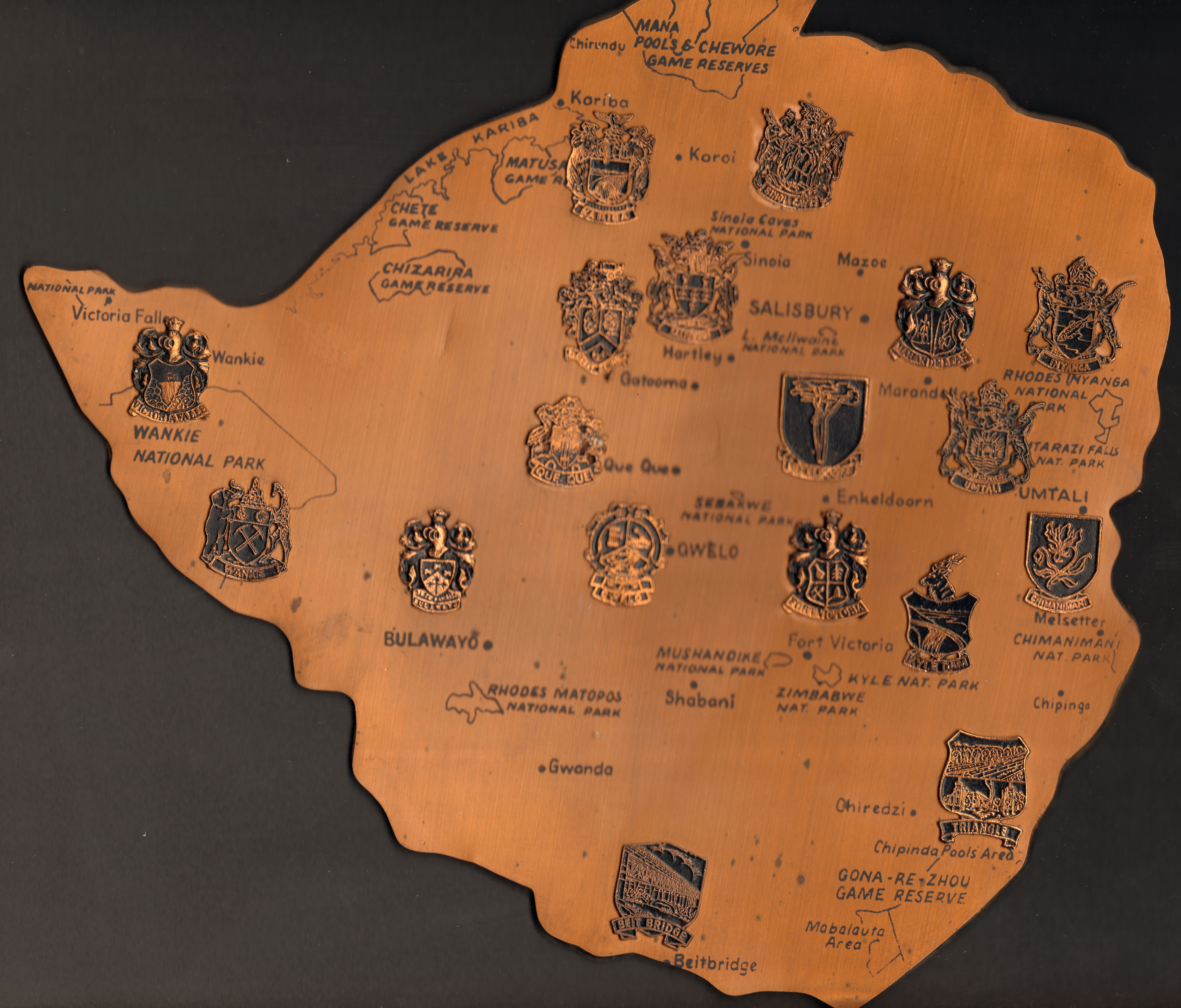 Map Outline of Rhodeisa with City Crest Badges